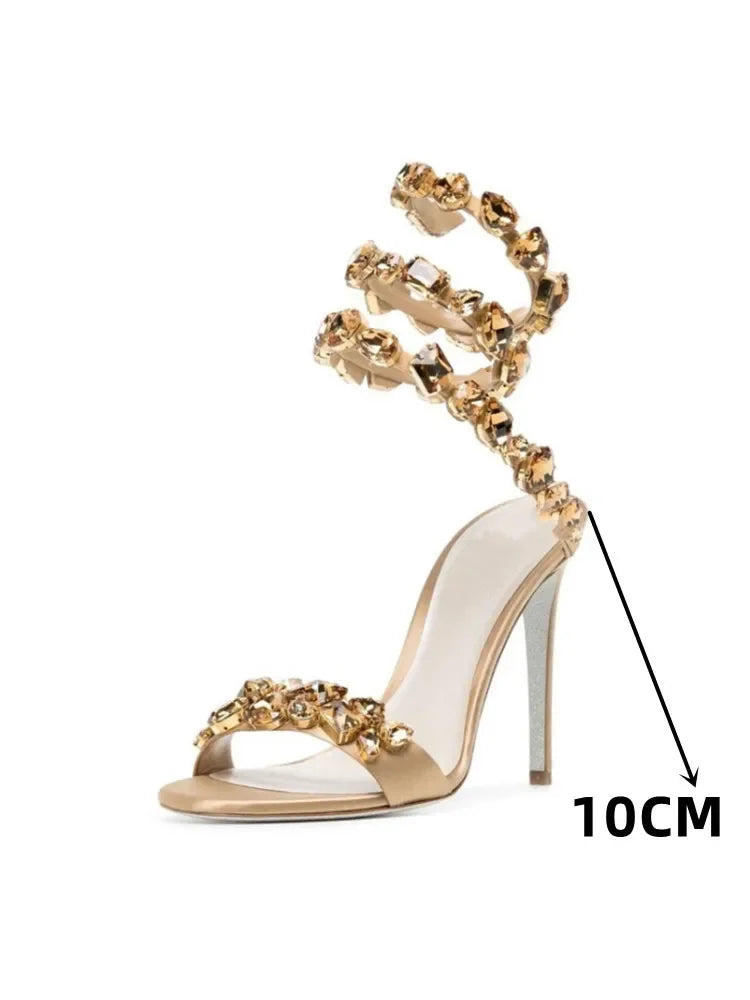 2025 Summer New Colored Diamond Women's High Heel Sandals Water Diamond Fashion Silver Sole Party Party Party High Heel Shoes