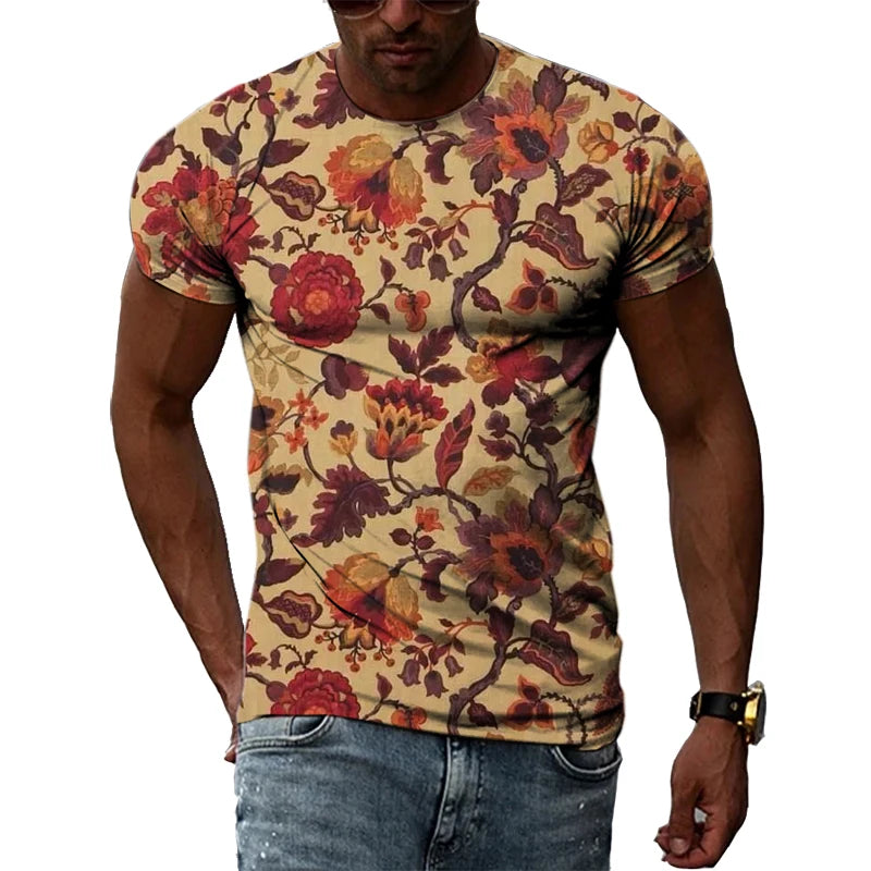 Summer New Men's Floral Pattern 3D T-shirt Street Hip Hop Personality Print Tops Trendy Fashion Round Neck Short Sleeve Clothing