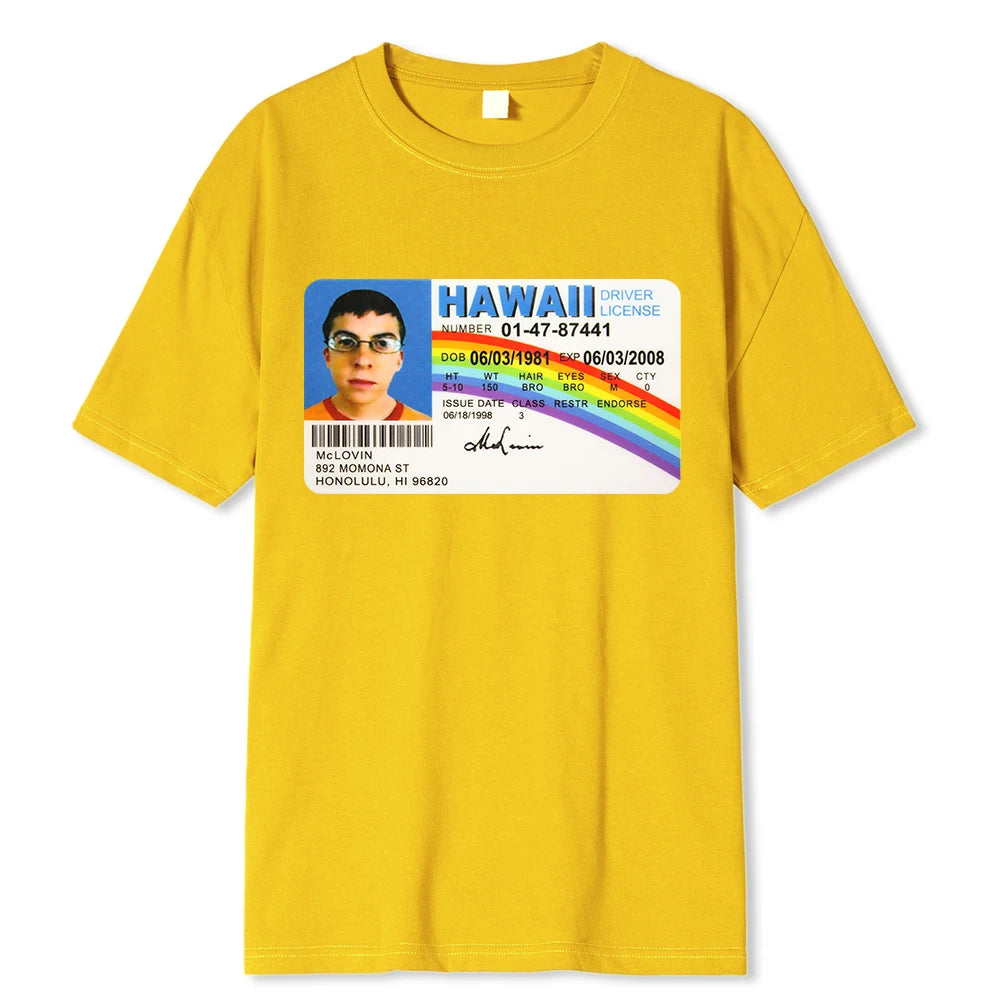 Homme t Shirt Summer Men t-Shirt Mclovin Id Card Superbad Geek Mens Cotton t-Shirt Unisex t-Shirt Teenagers Cool Soft Clothing