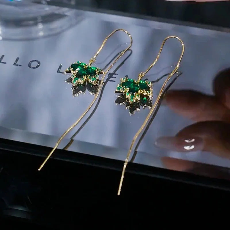 Exquisite Green Maple Leaf Tassel Drop Earring For Women Shiny Zircon Leaves Long Ear Line Geometric Earrings Party Jewelry Gift