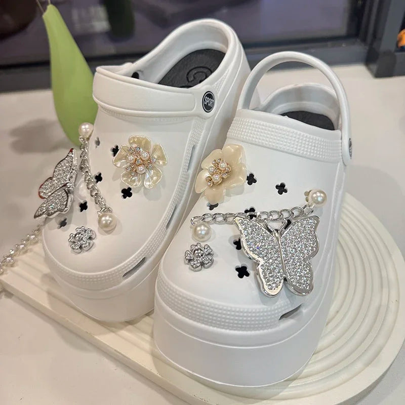 Crystal Butterfly Diy Clogs Sandals Women Summer Chian Chunky Platform Sandles Woman Comfortable Wedge Heels Garden Shoes Female