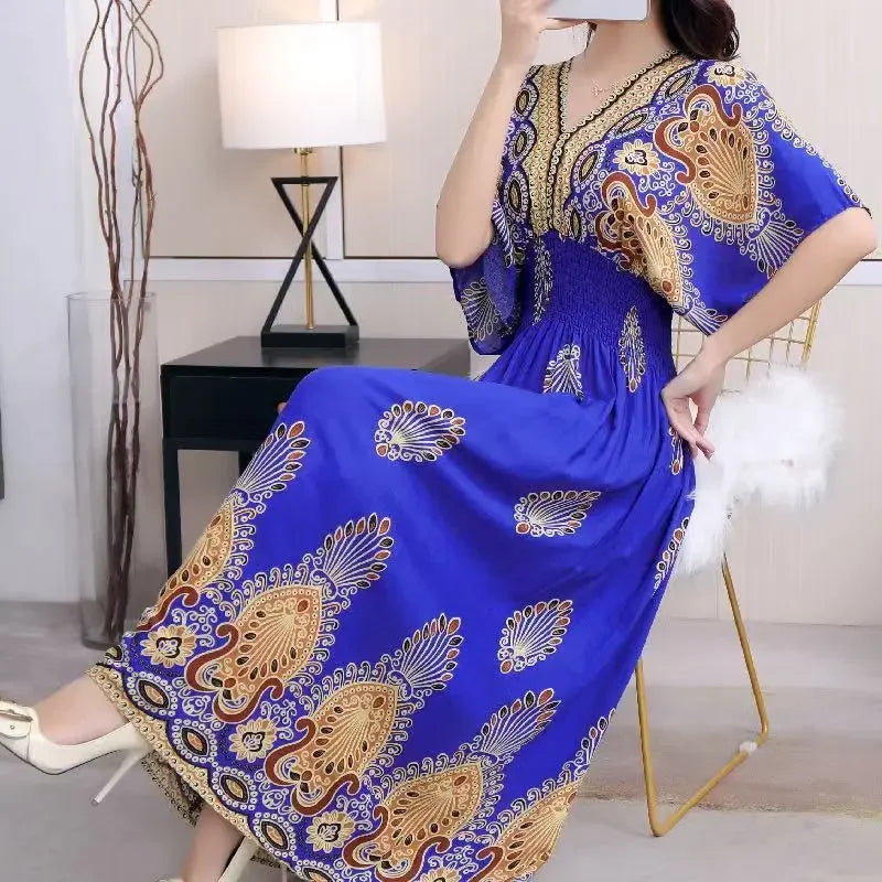 Vestidos Para Mujer Rope Robe Dress Women Casual Elegant Retro Bohemian V Neck Boho Korean Printed Summer Long Dresses Clothes