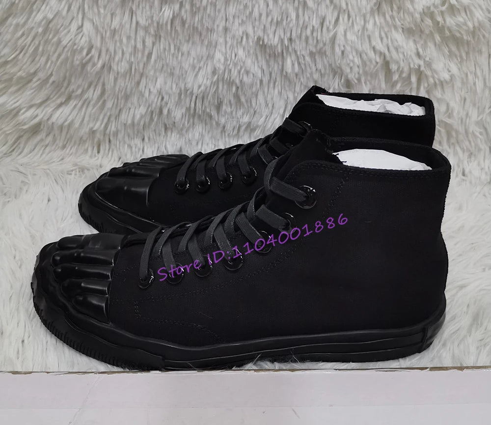 Gold Five Fingers High Top Canvas Shoes Trendy Lace-Up Flat Sneakers Metal Decor Unique Design Couple Casual Shoes Plus Size