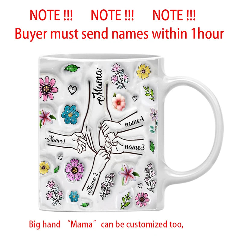 Personalized Kids Names Mug Customize 3D Effect Printing WITH Flowers Cup Holding Hands Coffee Mugs Mother's Day Gifts