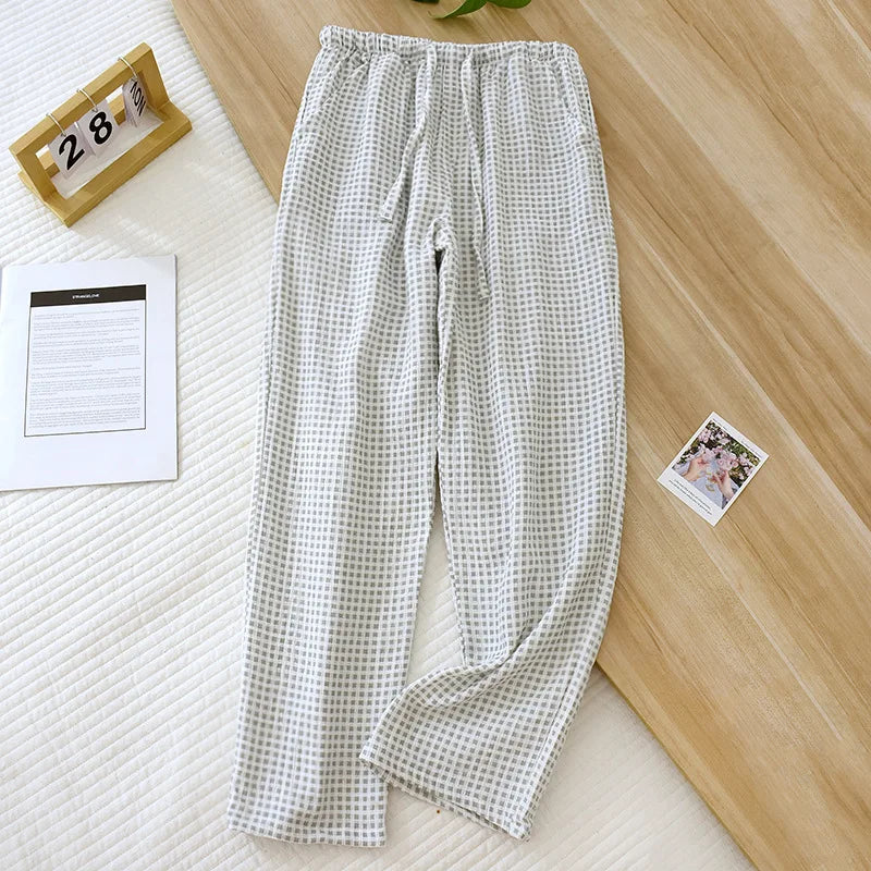 New Spring Summer Japanese Women's Pajamas 100%Cotton Crepe Small Plaid Loose Girls' Pants Household Pants Thin Size Large pants