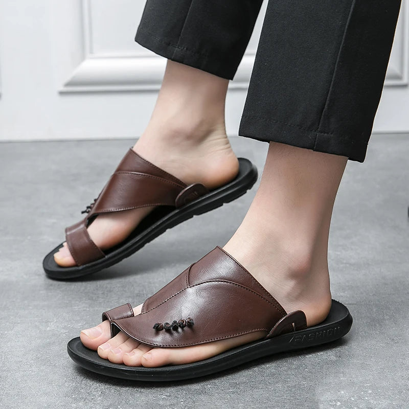 Vintage Red Men's Leather Slippers 2024 Comfortable Slip On Sandals Men Summer Leather Man Flip Flops Outdoor sandalias hombre