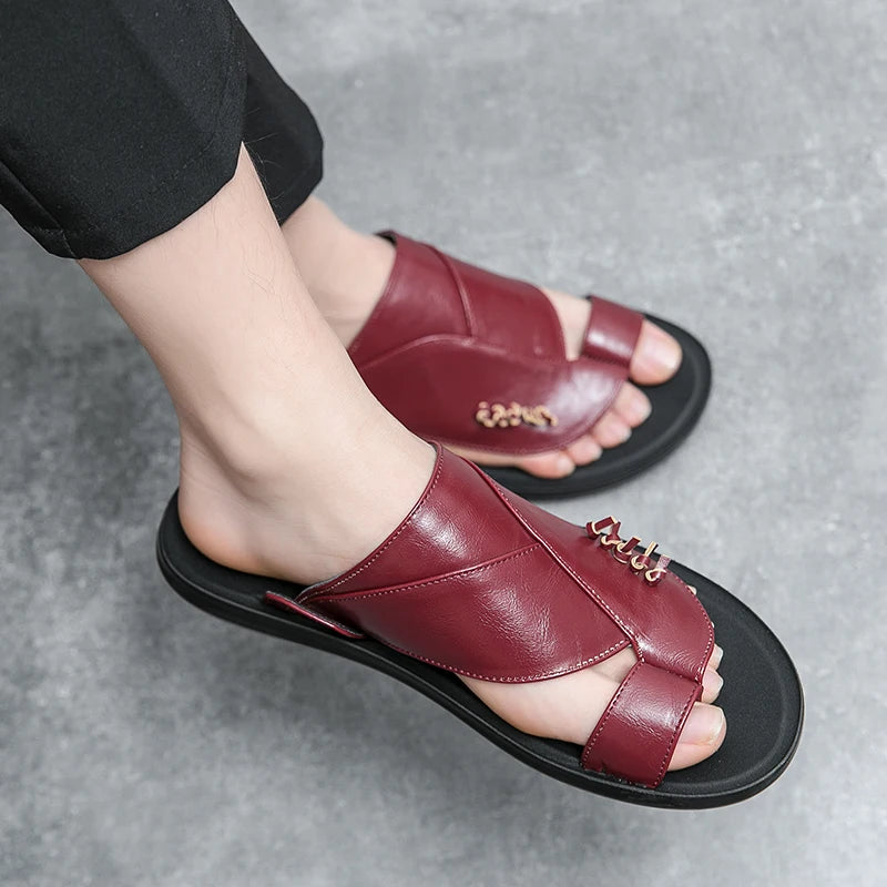 Vintage Red Men's Leather Slippers 2024 Comfortable Slip On Sandals Men Summer Leather Man Flip Flops Outdoor sandalias hombre