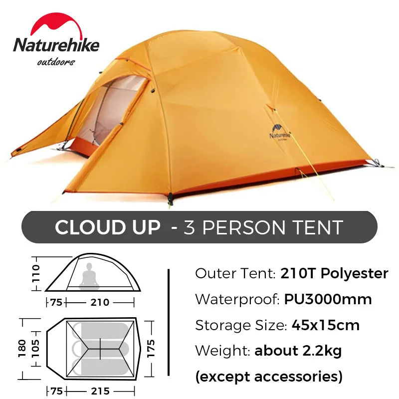 Naturehike Cloud Up 3 Person Ultralight Tent Waterproof Outdoor Hiking Cycling Backpacking Tent 20D Beach Camping Tents with Mat