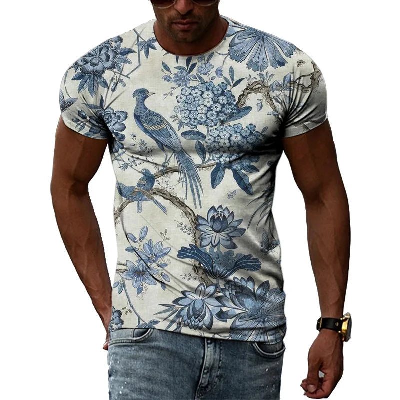 Summer New Men's Floral Pattern 3D T-shirt Street Hip Hop Personality Print Tops Trendy Fashion Round Neck Short Sleeve Clothing