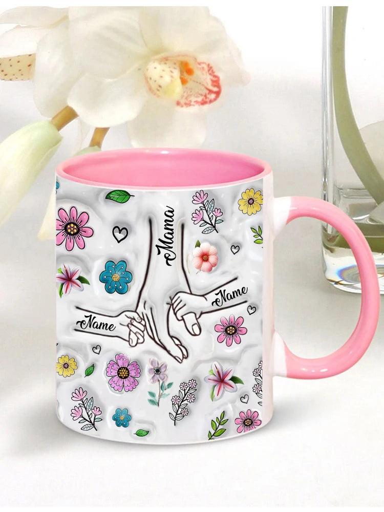 Personalized Kids Names Mug Customize 3D Effect Printing WITH Flowers Cup Holding Hands Coffee Mugs Mother's Day Gifts
