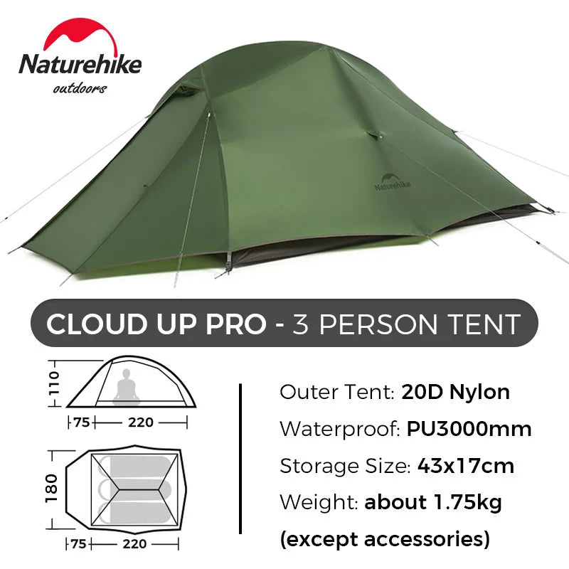 Naturehike Cloud Up 3 Person Ultralight Tent Waterproof Outdoor Hiking Cycling Backpacking Tent 20D Beach Camping Tents with Mat
