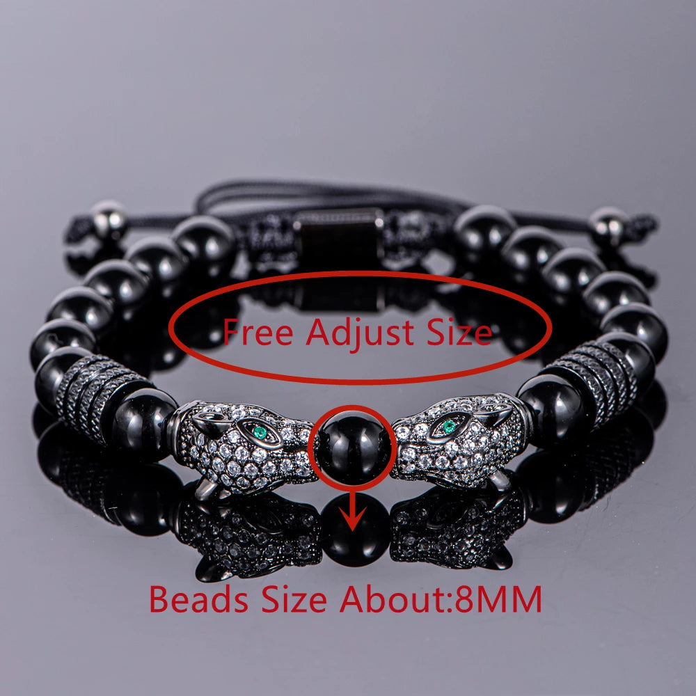New Trend Double Leopard head Handmade tiger's-eye Bracelets  Accessories Handmade Men's Jewelry Pulseras homme