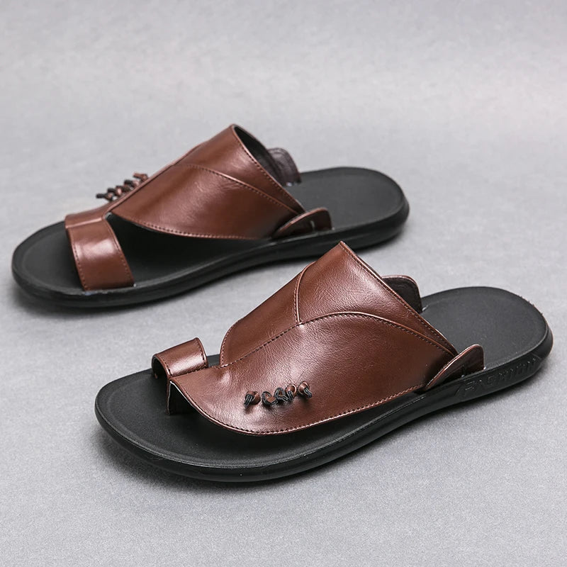 Vintage Red Men's Leather Slippers 2024 Comfortable Slip On Sandals Men Summer Leather Man Flip Flops Outdoor sandalias hombre