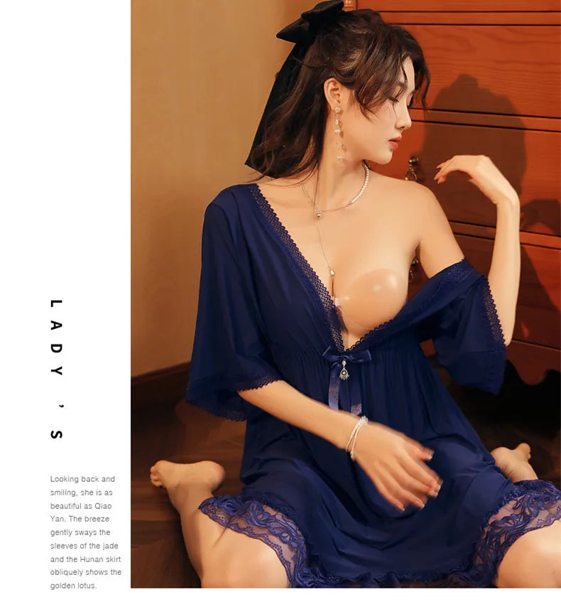Fdfklak M-3XL Women’s Nightgowns Sexy Lace Deep V Neck Sleepshirt Mesh Short Sleeve Summer Nightdress Female Nightwear Dress