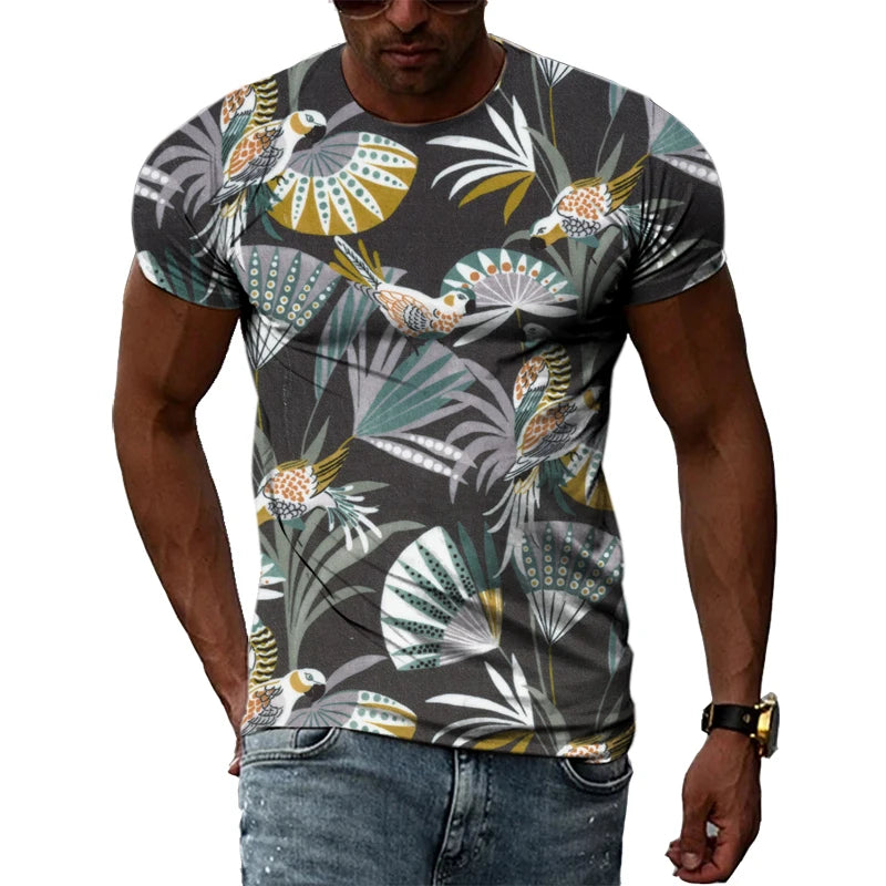Summer New Men's Floral Pattern 3D T-shirt Street Hip Hop Personality Print Tops Trendy Fashion Round Neck Short Sleeve Clothing