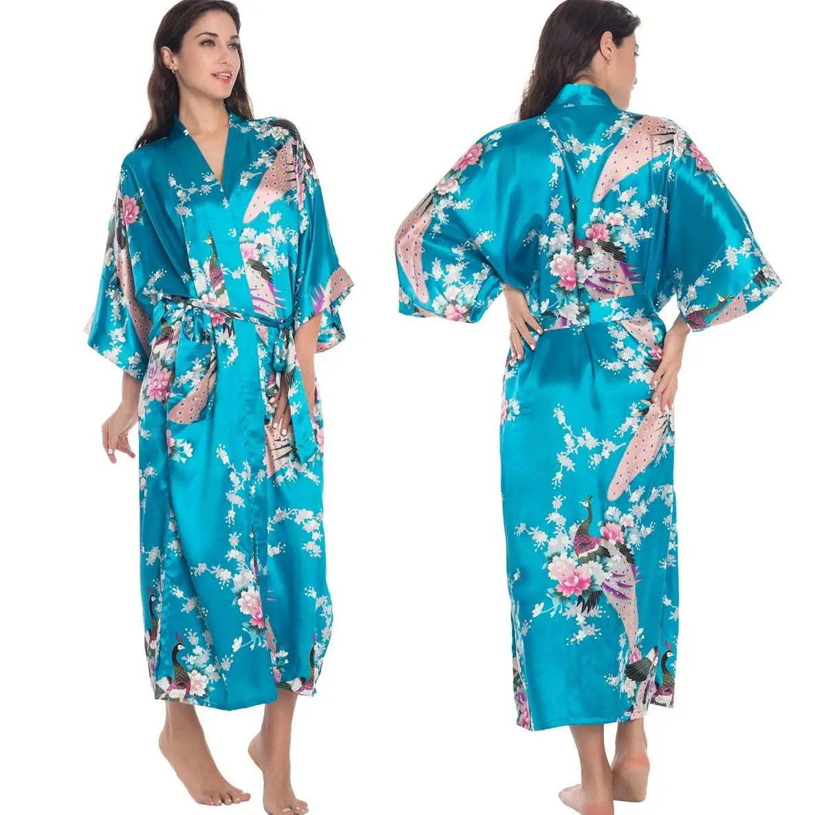 Spring Summer Female Sleepwear Long Robe Print Flower Kimono Bathrobe Gown Night Dress Casual Silk Satin Women's Home Clothing