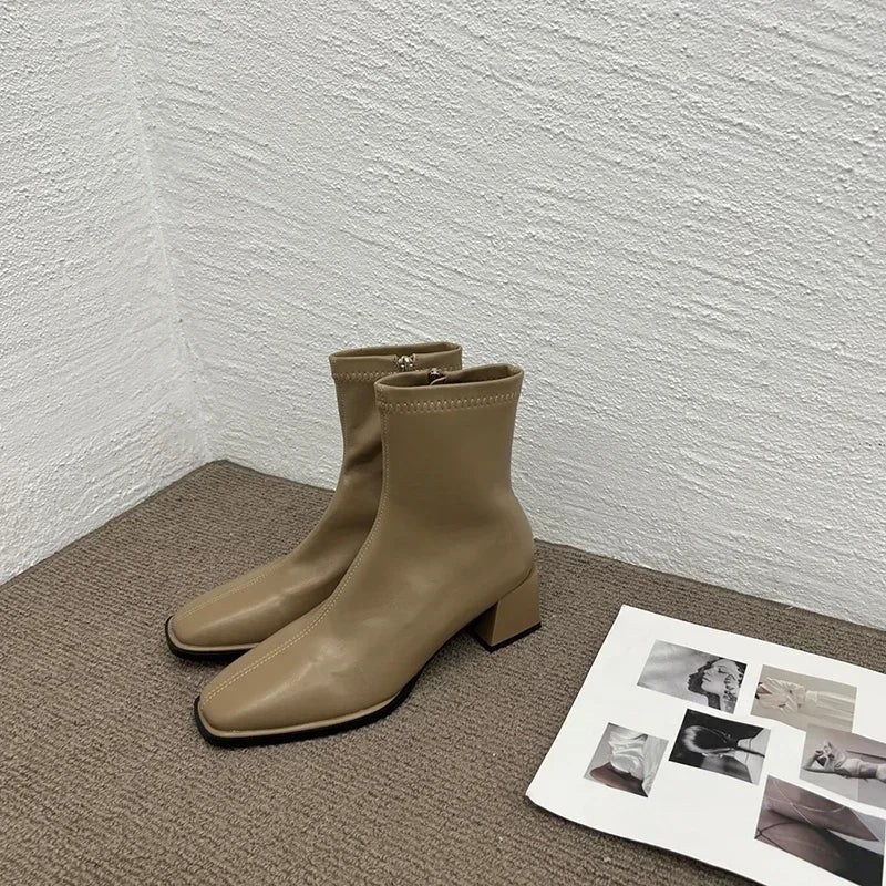 2026 Autumn Winter Design Heel Ankle Boot Fashion Square Toe Zipper Ladies Casual Chelsea Boots Shoes Soft Leather Short Boot