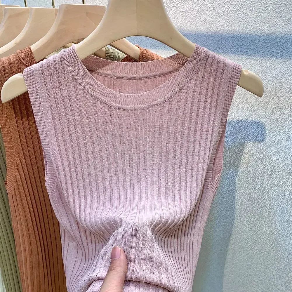 Summer 2026 New Fashion Knitted Vests O-neck Sleeveless Casual Thin Tops Sleeveless Blouse Women Shirt ﻿