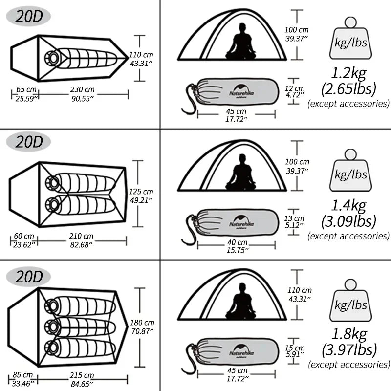 Naturehike Cloud Up 3 Person Ultralight Tent Waterproof Outdoor Hiking Cycling Backpacking Tent 20D Beach Camping Tents with Mat