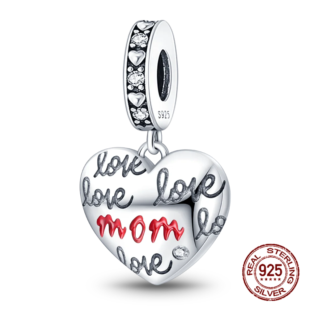 925 Sterling Silver Heart Shaped Warm Family MOM Charm Beads Fit 4MM hole diameter Bracelets Fine DIY Mother's Day Jewelry Gifts