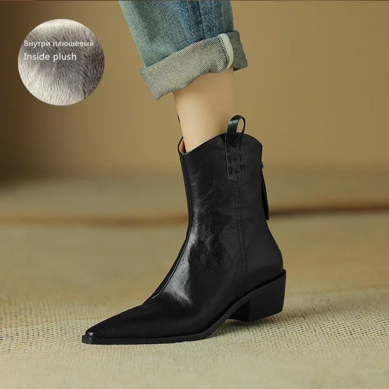 2026 Autumn/winter Women Boots Genuine Leather Western Boots Women Shoes Pointed Toe Chunky Heel Chelsea Boots Retro Ankle Boots