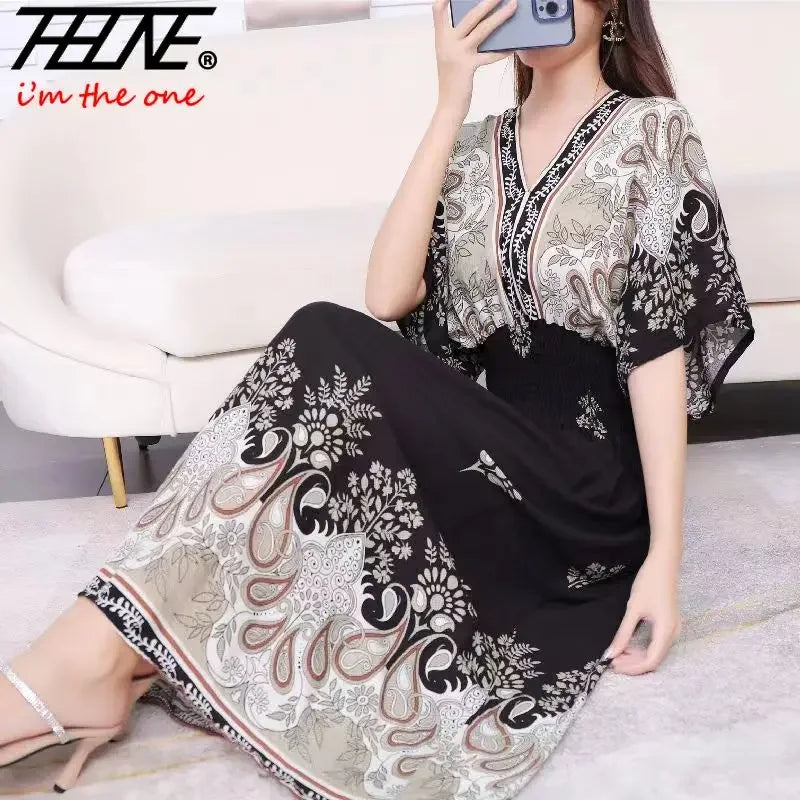 Vestidos Para Mujer Rope Robe Dress Women Casual Elegant Retro Bohemian V Neck Boho Korean Printed Summer Long Dresses Clothes