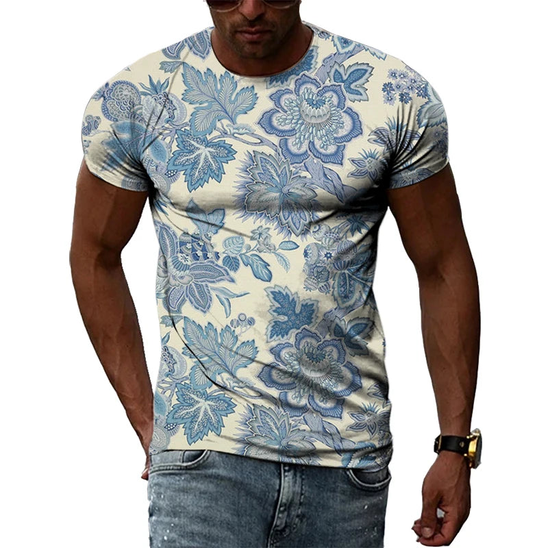 Summer New Men's Floral Pattern 3D T-shirt Street Hip Hop Personality Print Tops Trendy Fashion Round Neck Short Sleeve Clothing