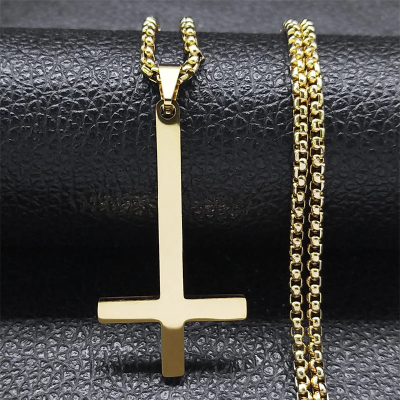 Stainless Steel Upside Down Cross Witchcraft Pagan Necklace Inverted Cross Black Chain Necklace Jewelry cruz invertida N8374S03