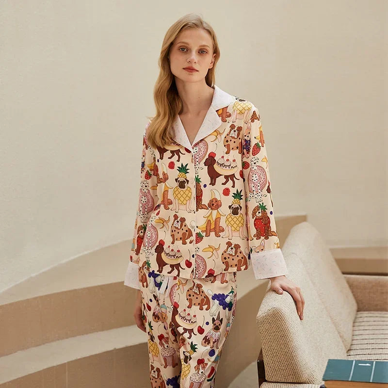 Spring and Summer 2023 New Ice Silk Pajamas Women's Long-sleeved Silk Lapel Home Suit Fashionable Ins Style