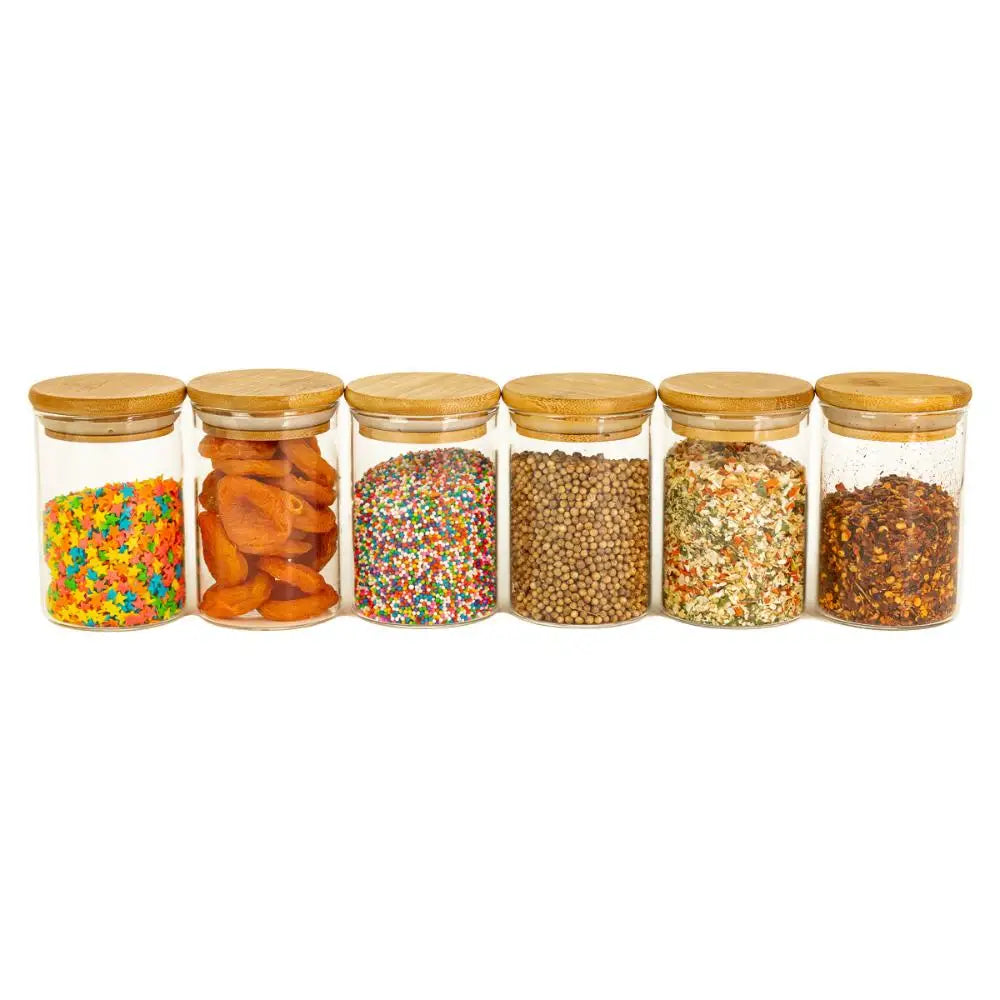 Set of 6 Glass Airtight Pots Bamboo Lid-250 Ml Oikos