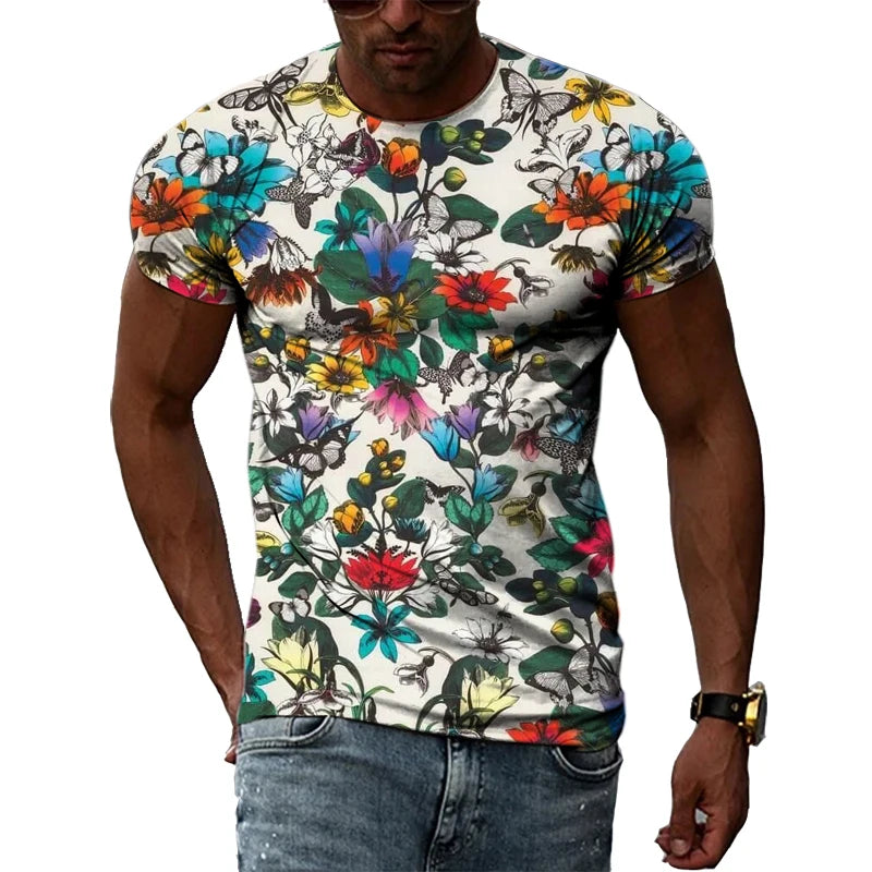 Summer New Men's Floral Pattern 3D T-shirt Street Hip Hop Personality Print Tops Trendy Fashion Round Neck Short Sleeve Clothing