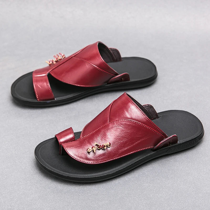 Vintage Red Men's Leather Slippers 2024 Comfortable Slip On Sandals Men Summer Leather Man Flip Flops Outdoor sandalias hombre