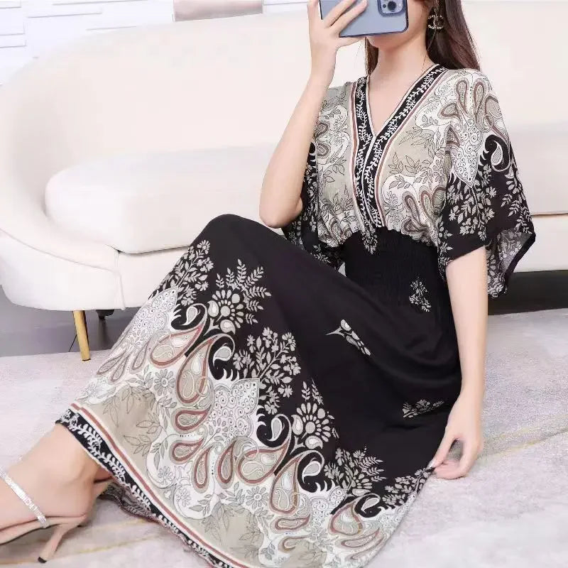 Vestidos Para Mujer Rope Robe Dress Women Casual Elegant Retro Bohemian V Neck Boho Korean Printed Summer Long Dresses Clothes