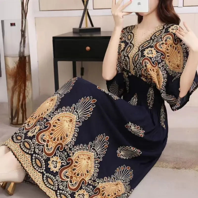 Vestidos Para Mujer Rope Robe Dress Women Casual Elegant Retro Bohemian V Neck Boho Korean Printed Summer Long Dresses Clothes
