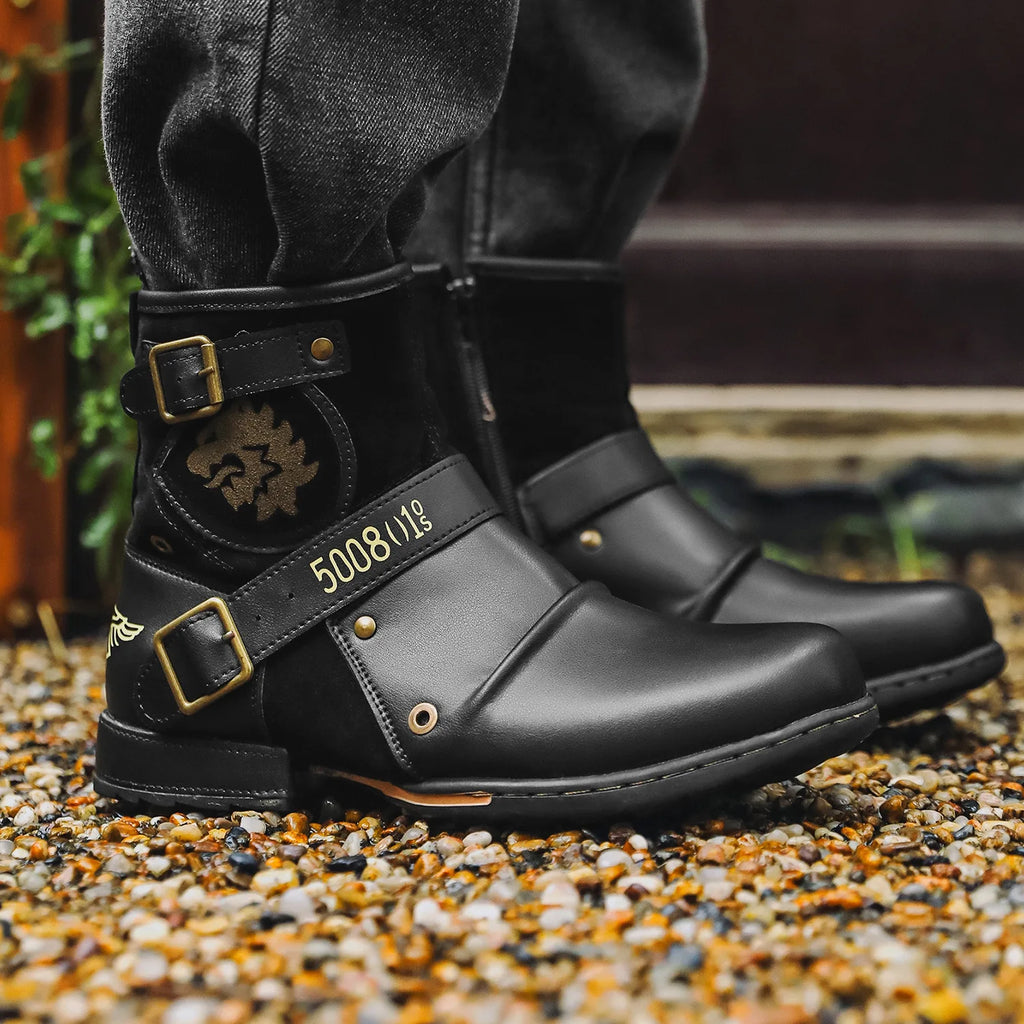 Luxury Men's Boots 2025New Handmade Ankle Boots Men Metal Buckle Zipper Motorcycle Boots Men Outdoor High Top Punk Shoes for Men