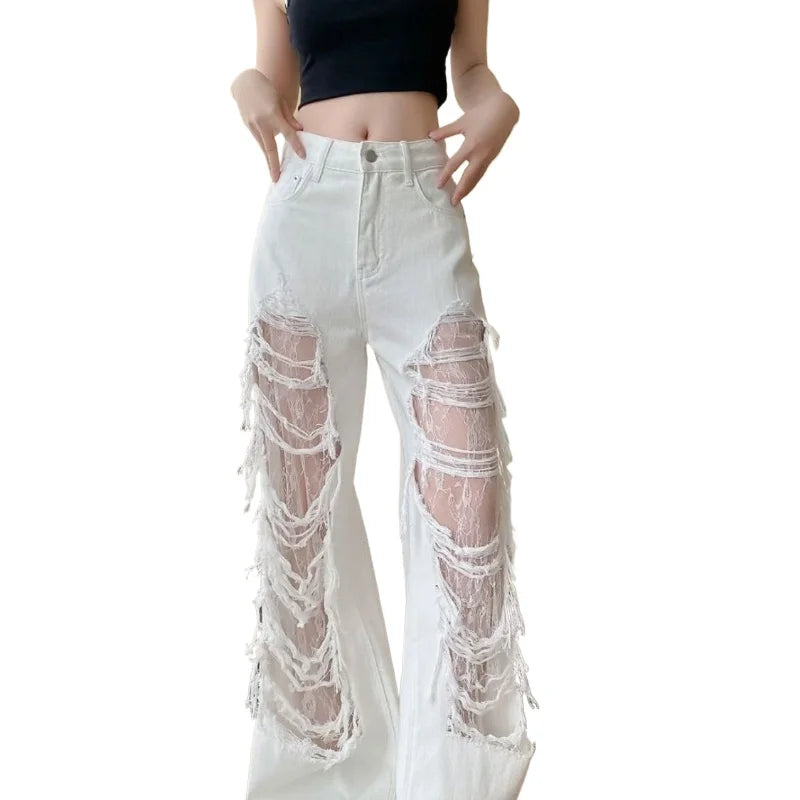 White Lace Stitching Wide-leg Jeans Children 2025 Hole Technology High Waist Slim Joker Pants