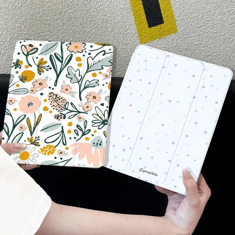 Flower Print Trifold Stand Smart Case for Ipad Air3 10.5 Air 6 11 Inch IPad 10th Generation IPad 5/6/7/8/9/10 Gen Cover 아이패드 케이스