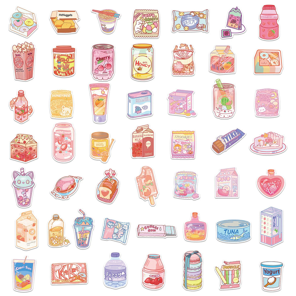 10/30/50PCS Korean INS Style Pink Cartoon Food Snacks Stickers Cute Decals Luggage Skateboard DIY Graffiti Girl Gradient Sticker