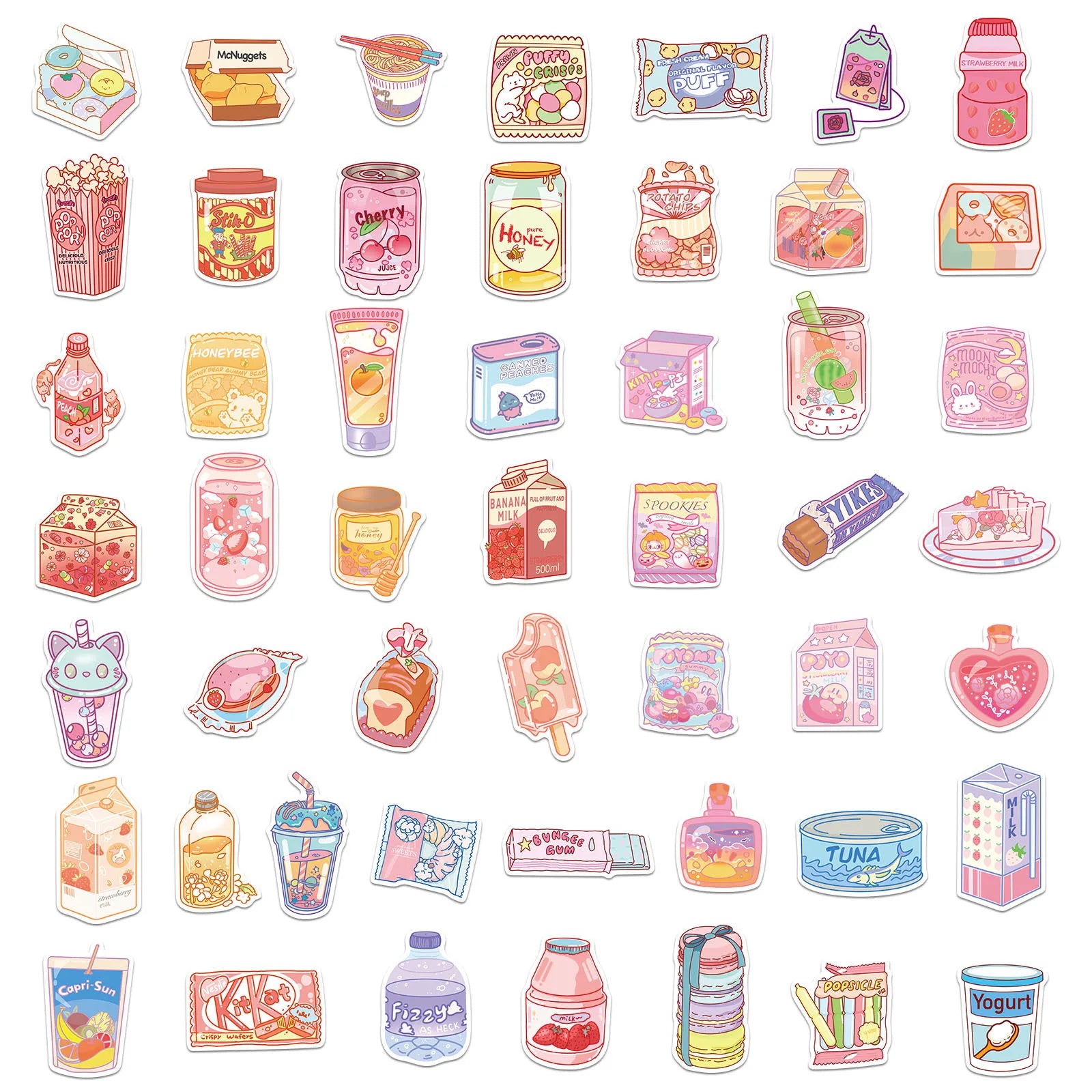 10/30/50PCS Korean INS Style Pink Cartoon Food Snacks Stickers Cute Decals Luggage Skateboard DIY Graffiti Girl Gradient Sticker