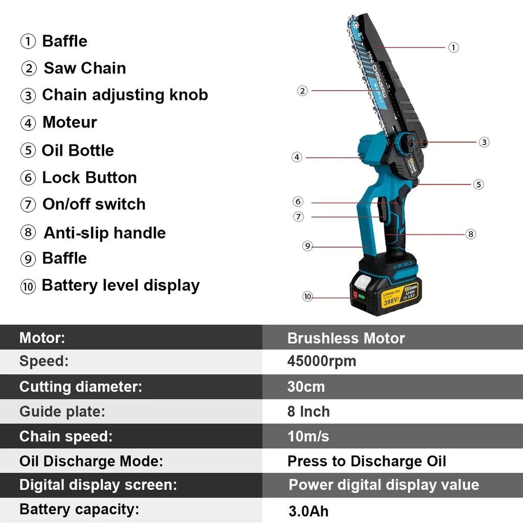 Gisam 8 Inch Brushless Electric Chainsaw Cordless Electric Saw Woodworking Garden Pruning Saw Tool For Makita 18V Battery Pins
