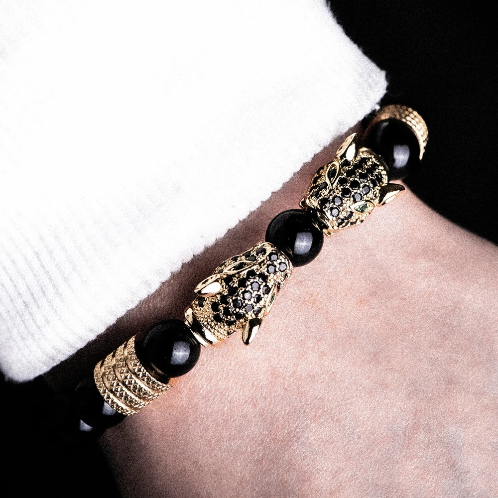 New Trend Double Leopard head Handmade tiger's-eye Bracelets  Accessories Handmade Men's Jewelry Pulseras homme