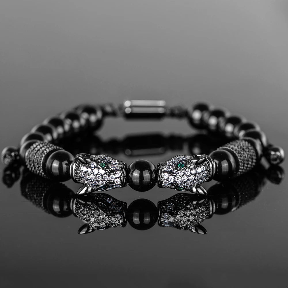 New Trend Double Leopard head Handmade tiger's-eye Bracelets  Accessories Handmade Men's Jewelry Pulseras homme
