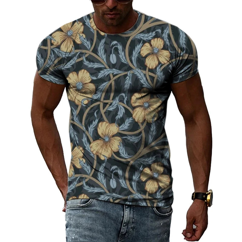 Summer New Men's Floral Pattern 3D T-shirt Street Hip Hop Personality Print Tops Trendy Fashion Round Neck Short Sleeve Clothing