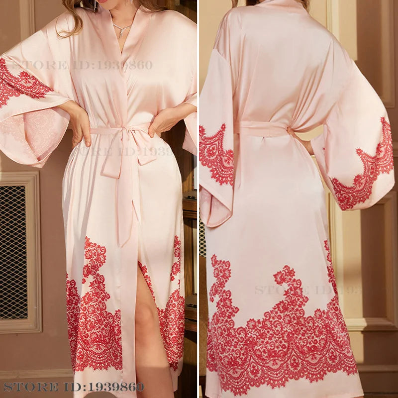 Spring Summer Female Sleepwear Long Robe Print Flower Kimono Bathrobe Gown Night Dress Casual Silk Satin Women's Home Clothing