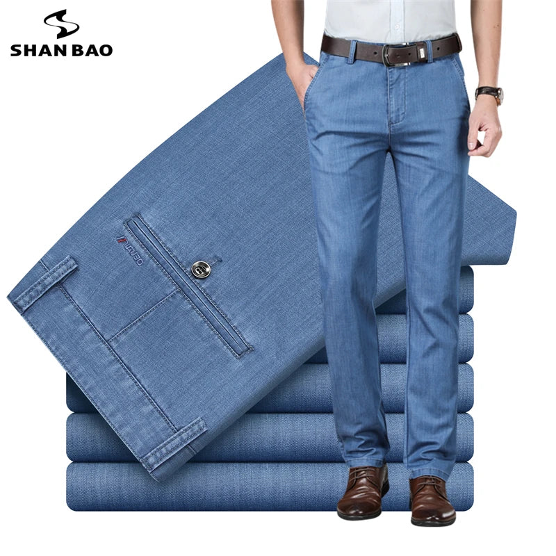 SHAN BAO spring summer brand fit straight thin modal denim jeans business casual men's high waist lightweight stretch pants