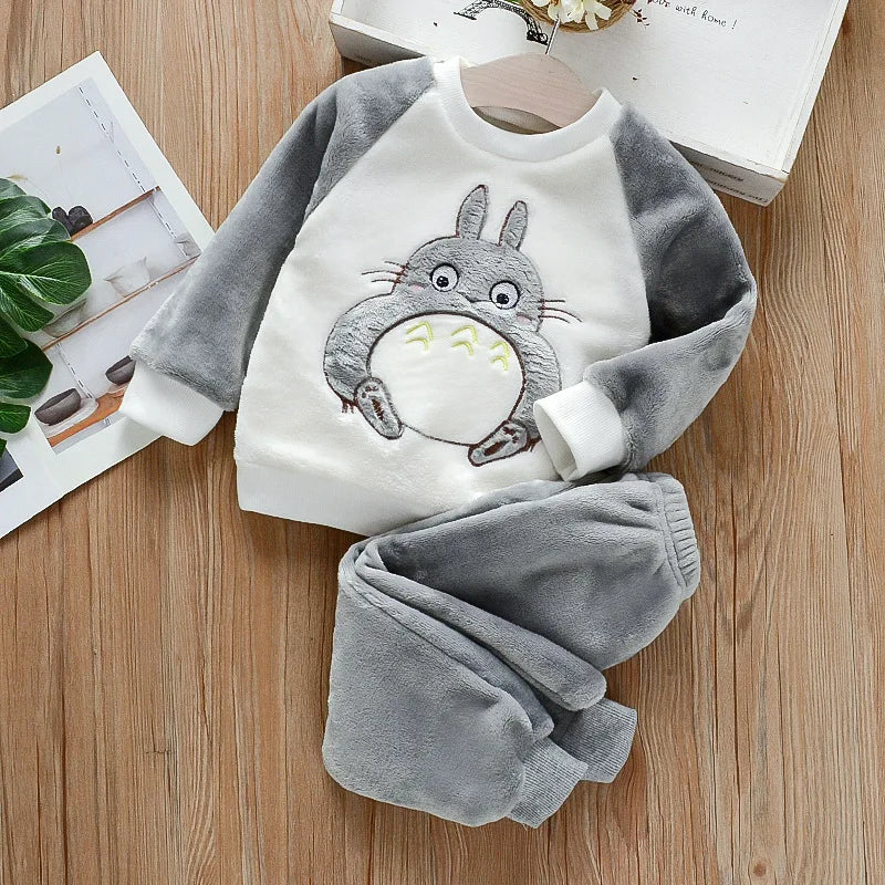 Baby Flannel Home Wear Set Infant Toddler Pajamas Boys Girls Thicken Coral Velvet Cartoon Pattern Top +Pants Two-piece Suit