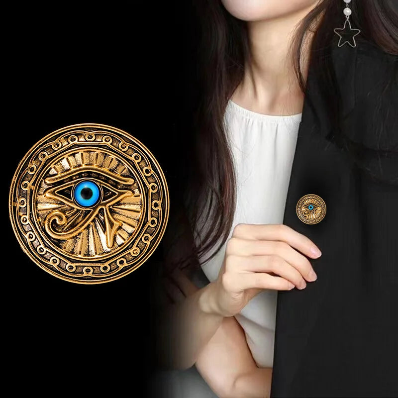 New Egyptian Pharaoh Eye of Horus Brooch Exaggerated punk style personalized blue eyes round card lapel pin costume jewelry gift