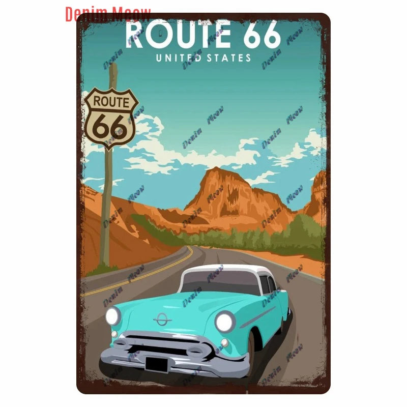 Mother Road Vintage Metal Sign Plate, New Style, Route 66, Old Route 66, Neon Light Effect, Mancave home Decor, WY14