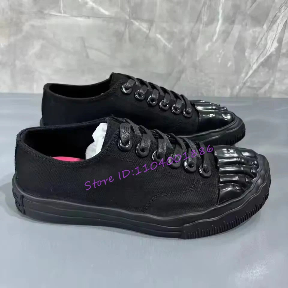 Gold Five Fingers High Top Canvas Shoes Trendy Lace-Up Flat Sneakers Metal Decor Unique Design Couple Casual Shoes Plus Size