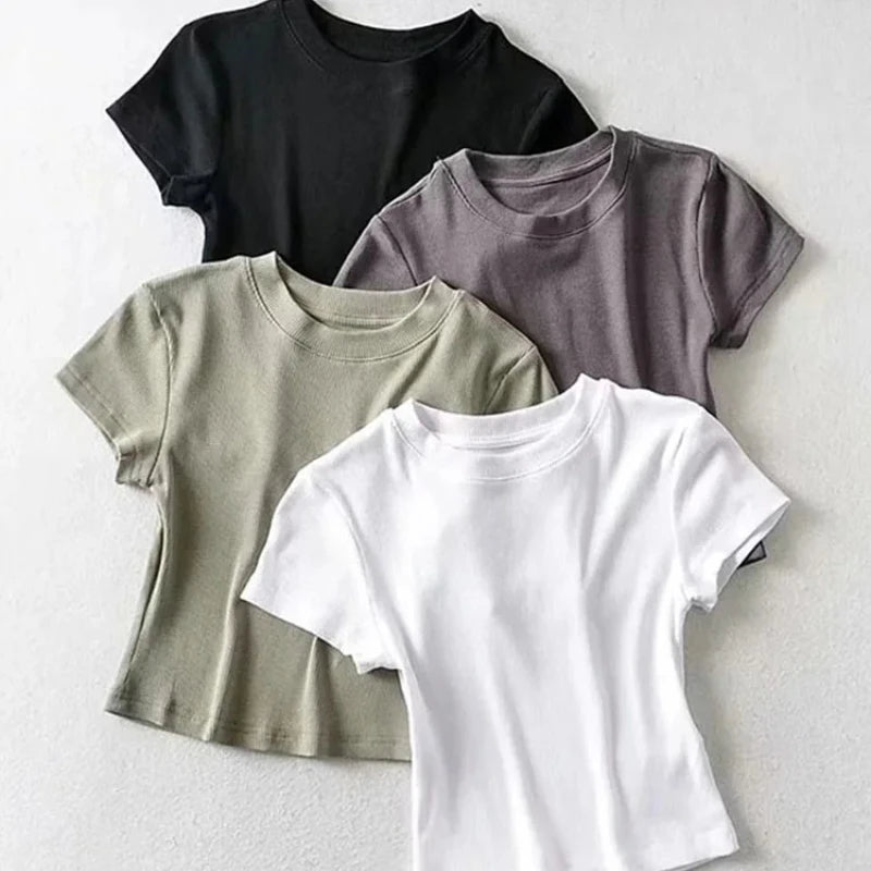 Summer Sexy Women O-neck Short-sleeve T-shirt Solid Color Basic Slim Elastic Skinny Crop Tops